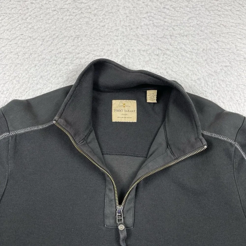 Tommy Bahama Sweater Mens Large Black 1/4 Zip Pullover Preppy Golfer Travel Work